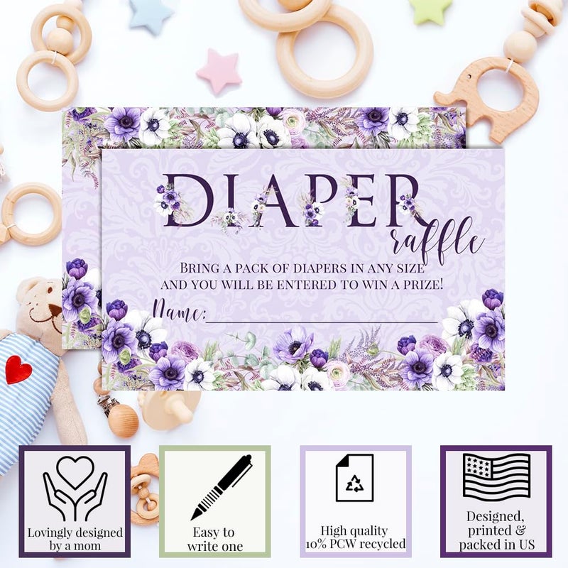 Amanda Creation Watercolor Violet Floral Diaper Raffle Tickets for Baby Showers, 20 2" X 3â€ Double Sided Insert Cards for Games by AmandaCreation, Bring a Pack of Diapers to Win Favors & Prizes! - Image 4